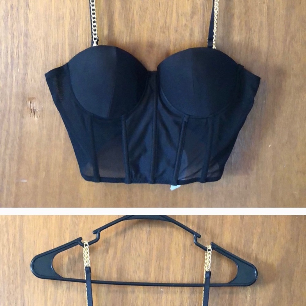 Black bustier crop top gold chain corset mesh